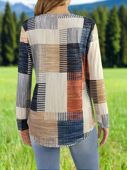 Patchwork Print Crew Neck Woman's Long Sleeve T-Shirt - blue and khaki