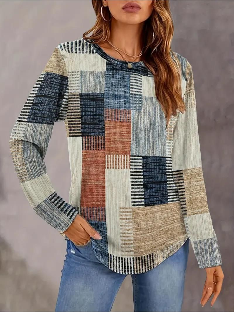 Patchwork Print Crew Neck Woman's Long Sleeve T-Shirt - blue and khaki