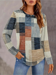 Patchwork Print Crew Neck Woman's Long Sleeve T-Shirt - blue and khaki