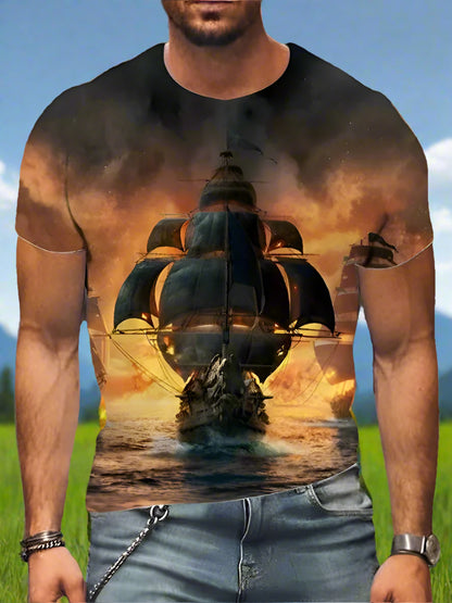 A man wearing a short-sleeved black T-shirt with a 3D ship print.