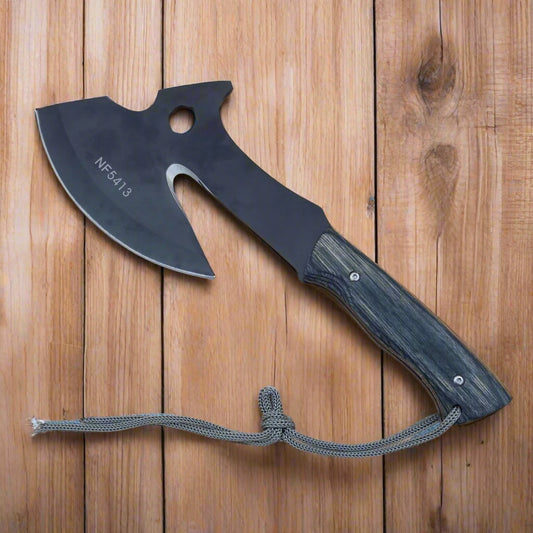Axe with wooden handle and paracord rope
