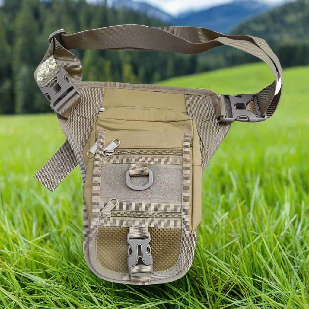 a beige thigh pouch with multiple compartments