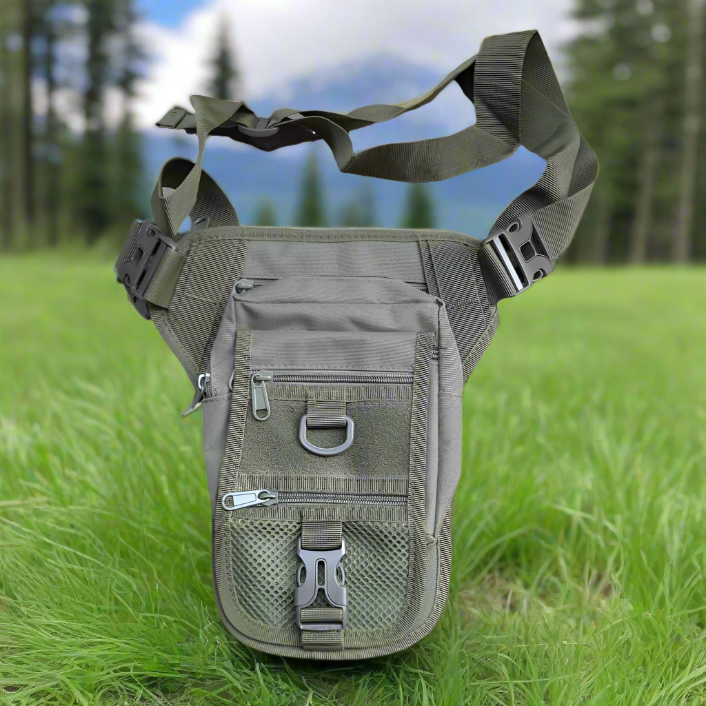  a green thigh pouch with multiple compartments 