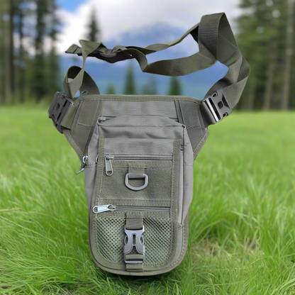  a green thigh pouch with multiple compartments 