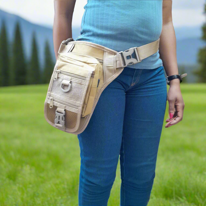 Person wearing a beige waist bag on a white background