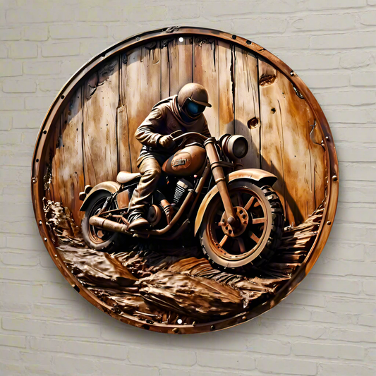 Tin sign - round bike and driver with old helmet