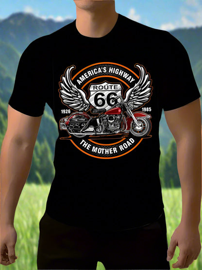 Person wearing a black t-shirt with Route 66 graphic design outdoors.