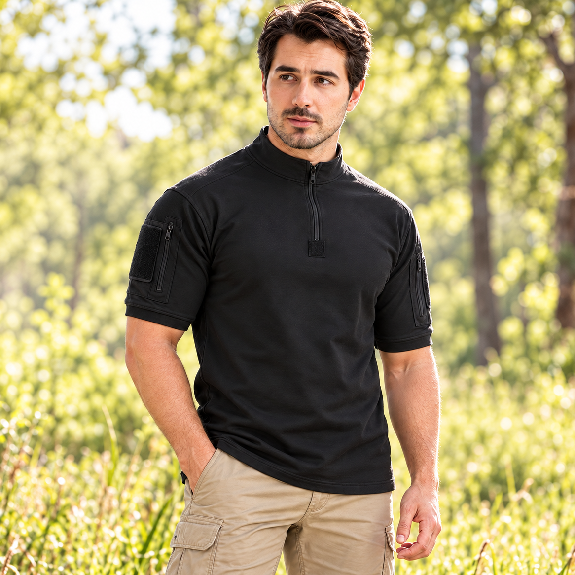Man wearing a black short-sleeve tactical shirt with a quarter zip, stand collar and sleeve pockets