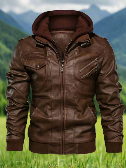 Brown leather jacket with a hood on a white background