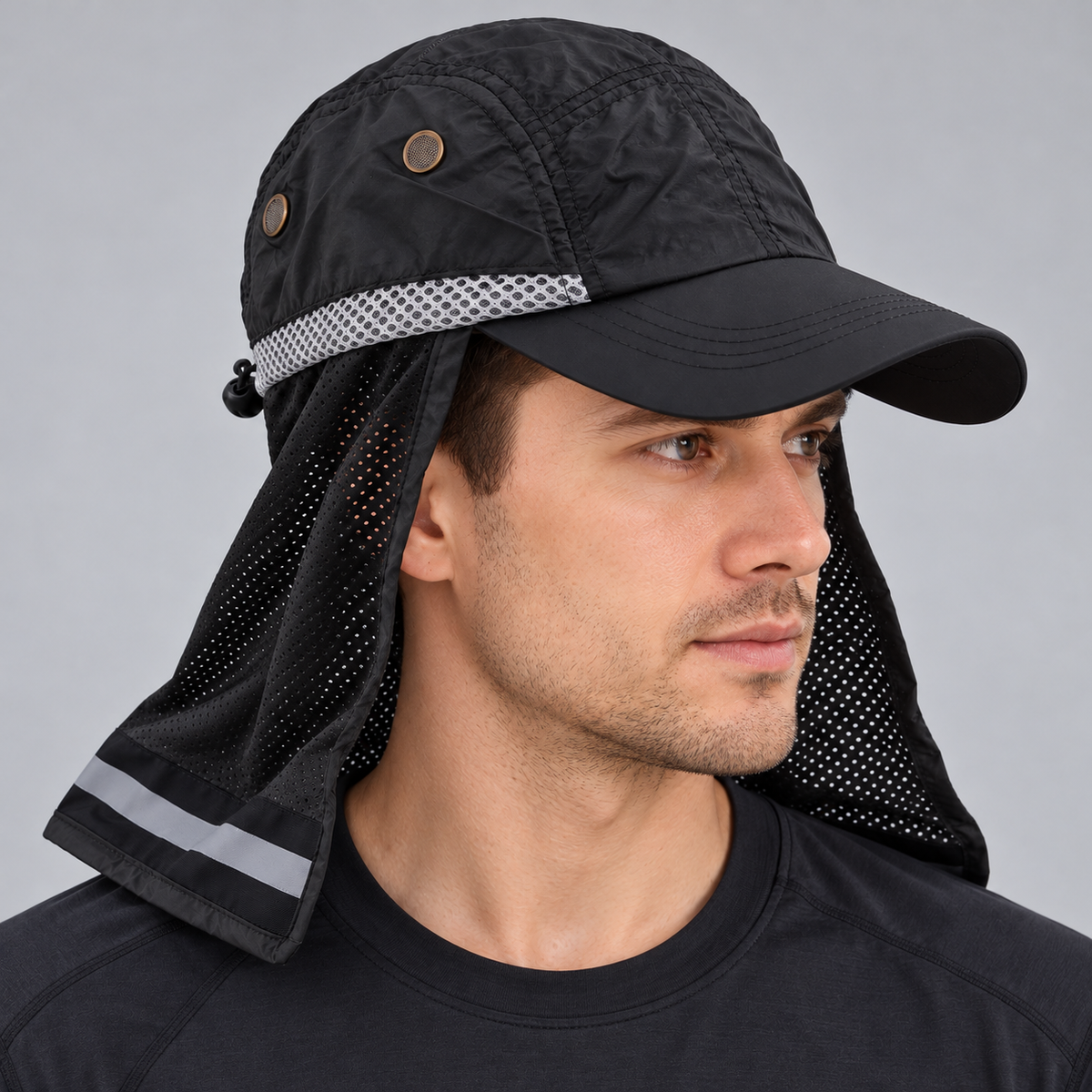 Black sun cap with mesh neck flap worn by a male model