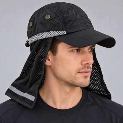 Black sun cap with mesh neck flap worn by a male model