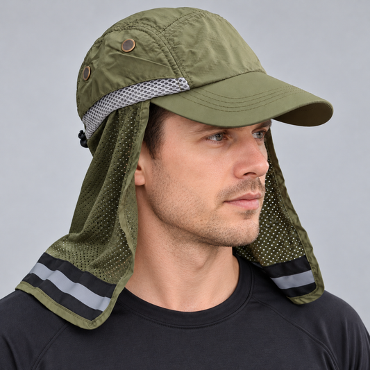 Green sun cap with mesh neck flap worn by a male model