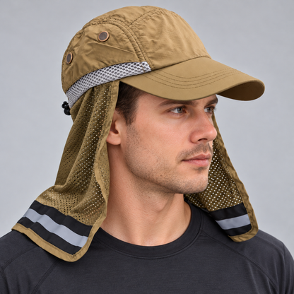Khaki sun cap with mesh neck flap worn by a male model