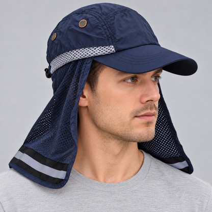 Navy Blue sun cap with mesh neck flap worn by a male model
