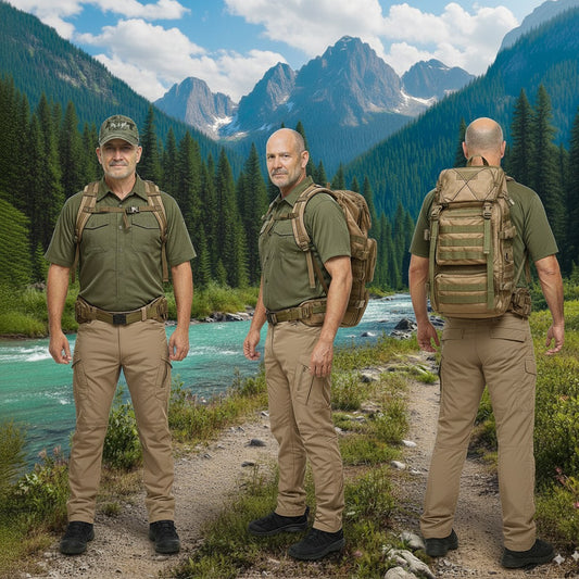 Three men in outdoor gear and backpack standing in a mountainous landscape with a river.