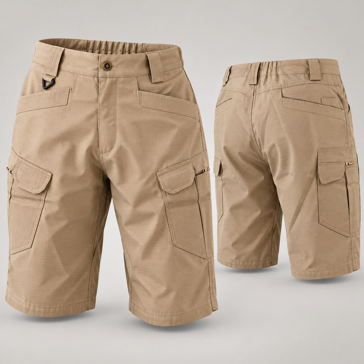 Khaki knee-length tactical cargo shorts, front and back views