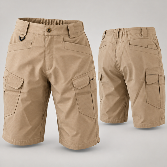 Khaki knee-length tactical cargo shorts, front and back views