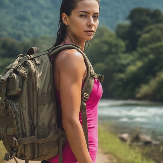 Person with a backpack walking on a dirt path with mountains in the background