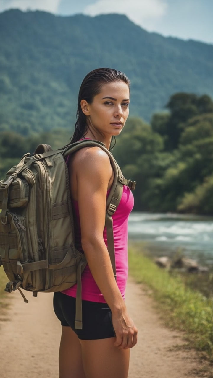 Person with a backpack walking on a dirt path with mountains in the background