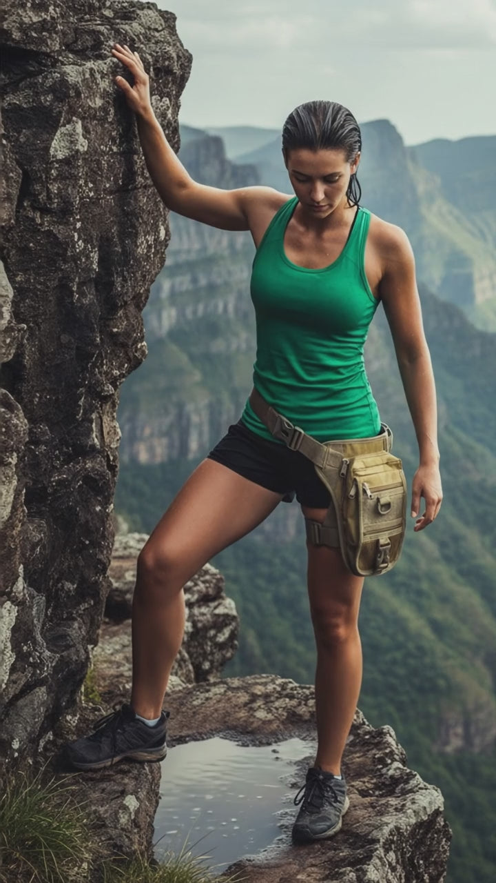 A person wearing a khaki thigh pouch with multiple compartments and a removable holster