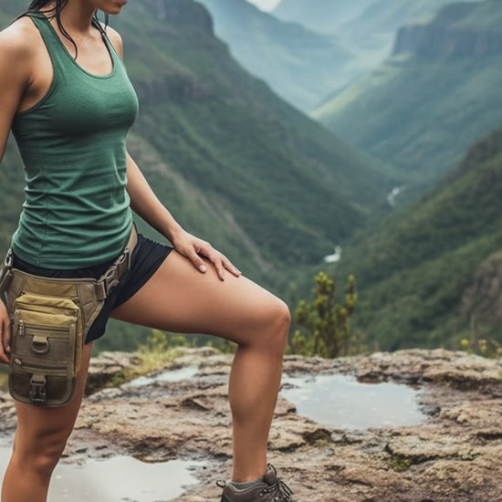 A person wearing a khaki thigh pouch with multiple compartments and a removable holster