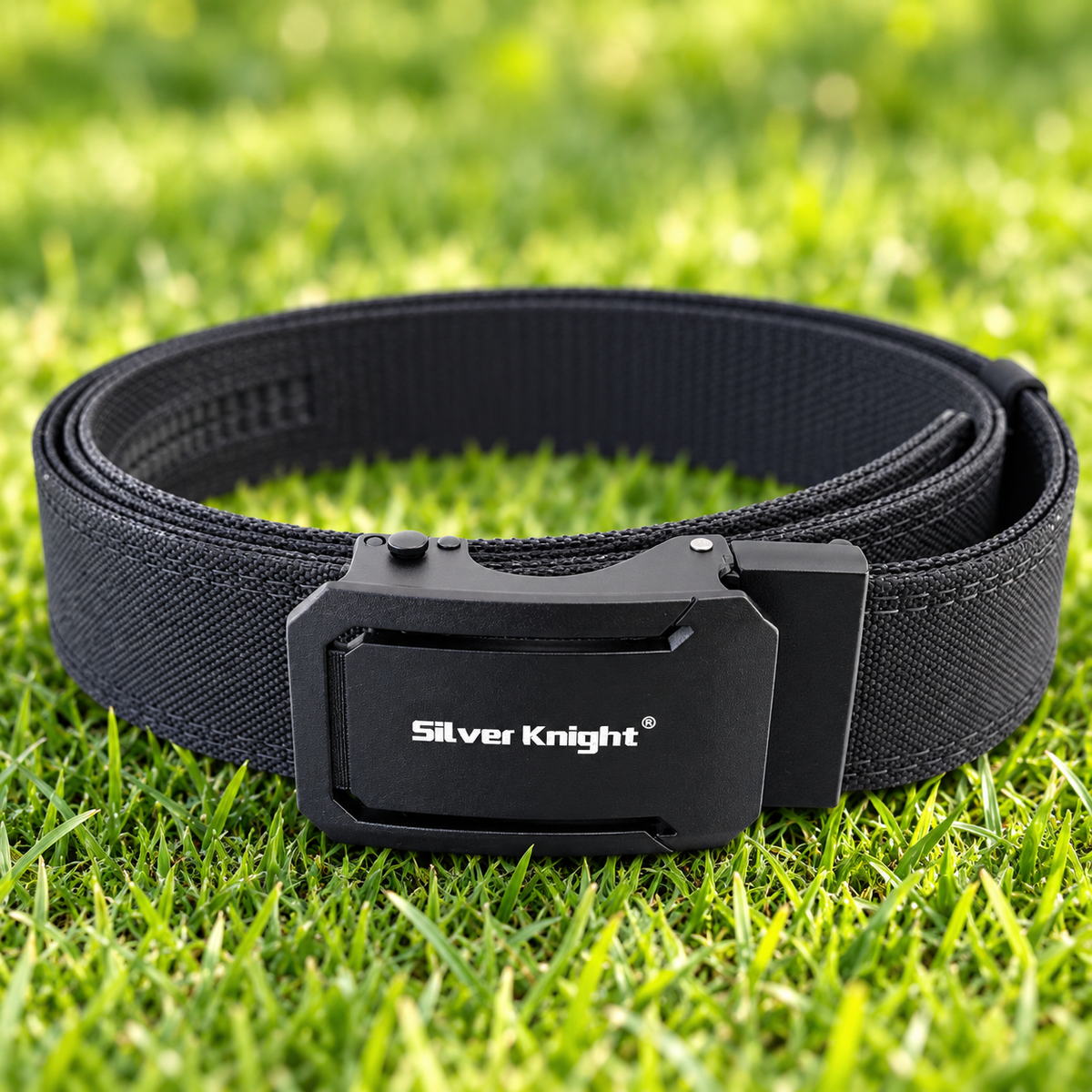 Black Silver Knight nylon ratchet belt on green grass