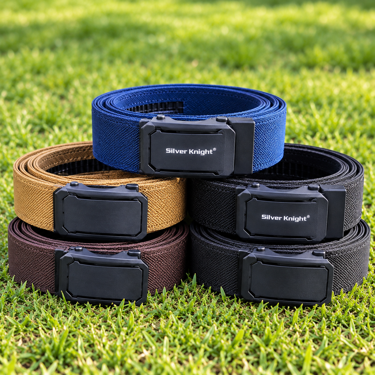 Five available nylon ratchet belts on grass: black, Black Silver Knight, dark blue Silver Knight, khaki and dark brown