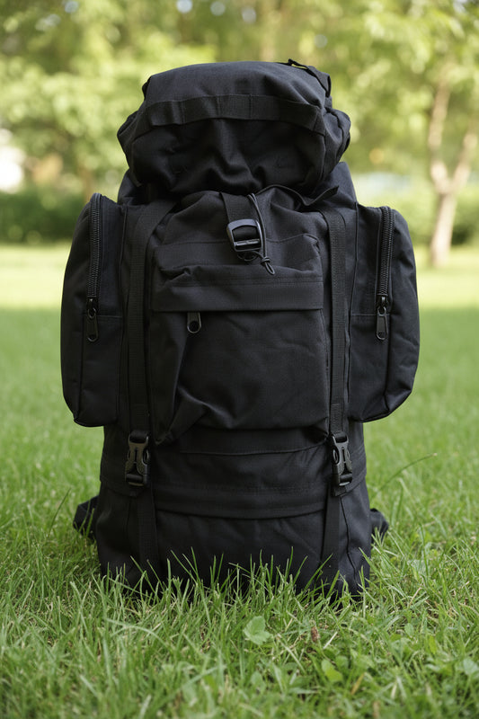 Black backpack on a white background