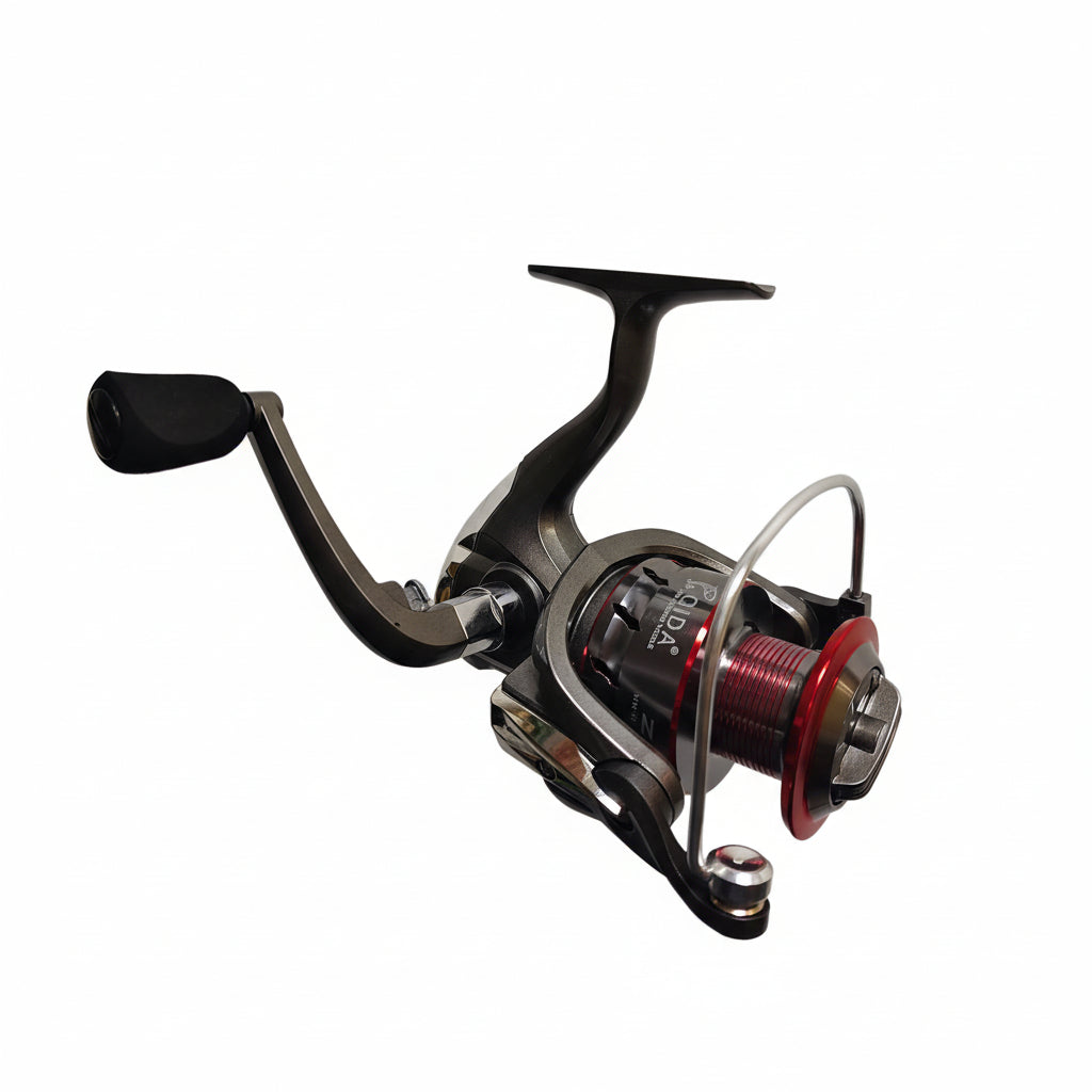 Fishing reel with a red spool on a white background