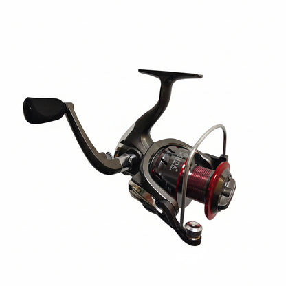 Fishing reel with a red spool on a white background