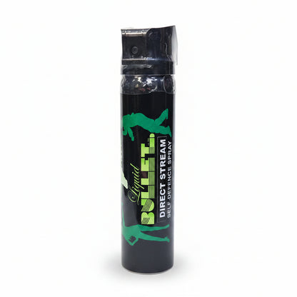 Black self-defense spray canister with green and white text on a white background liquid bullet