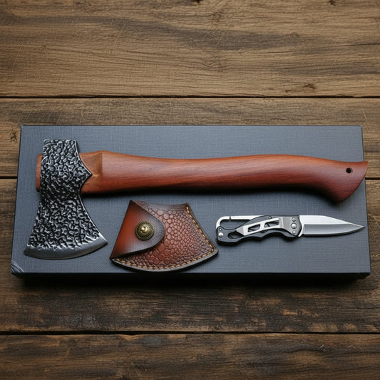 A hand-crafted axe with a reddish-brown wooden handle and a textured black steel head, displayed on a dark gray presentation board alongside a matching brown leather sheath and a folding pocket knife.
