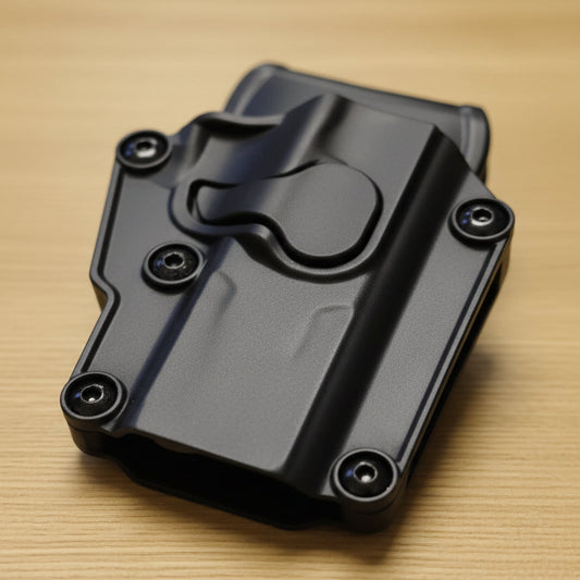 Black firearm holster on a wooden surface with blurred background