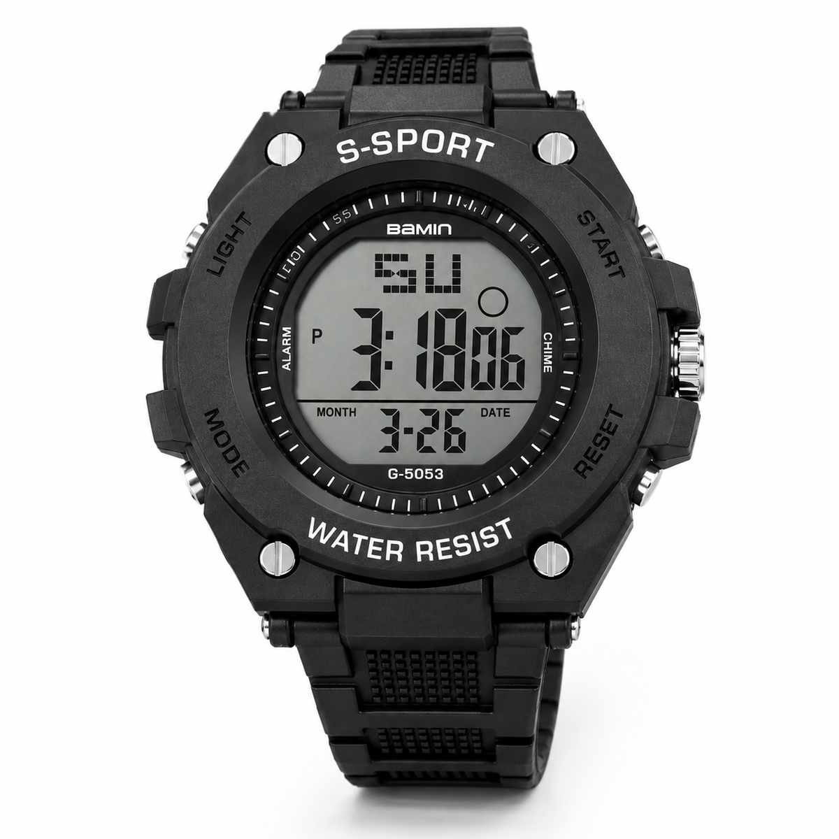 S-Sport digital watch with 12 and 24-hour time settings, additional view