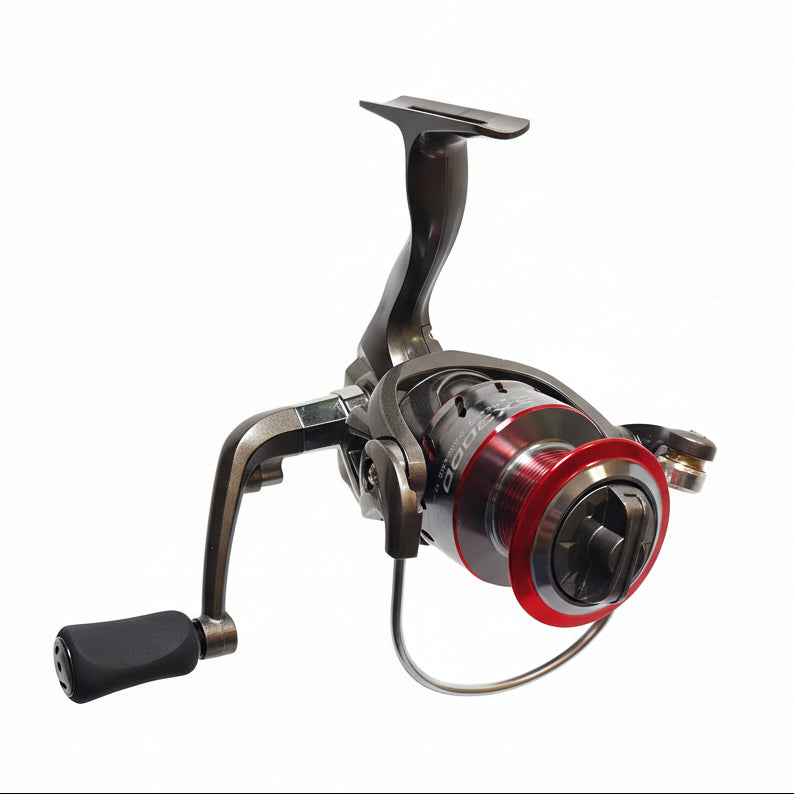 Fishing reel with red and silver design on a white background