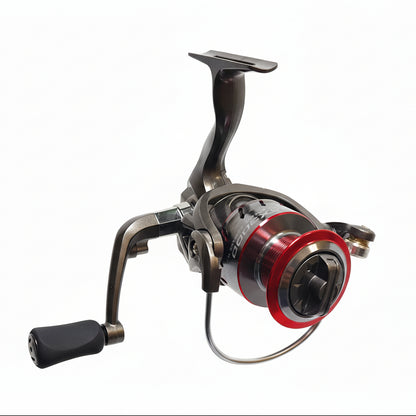 Fishing reel with red and silver design on a white background