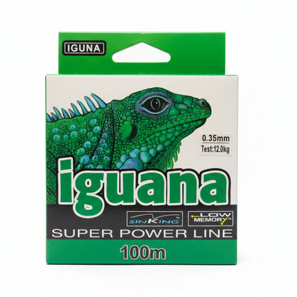 Packaging of Iguana super power line with green and black design on a white background