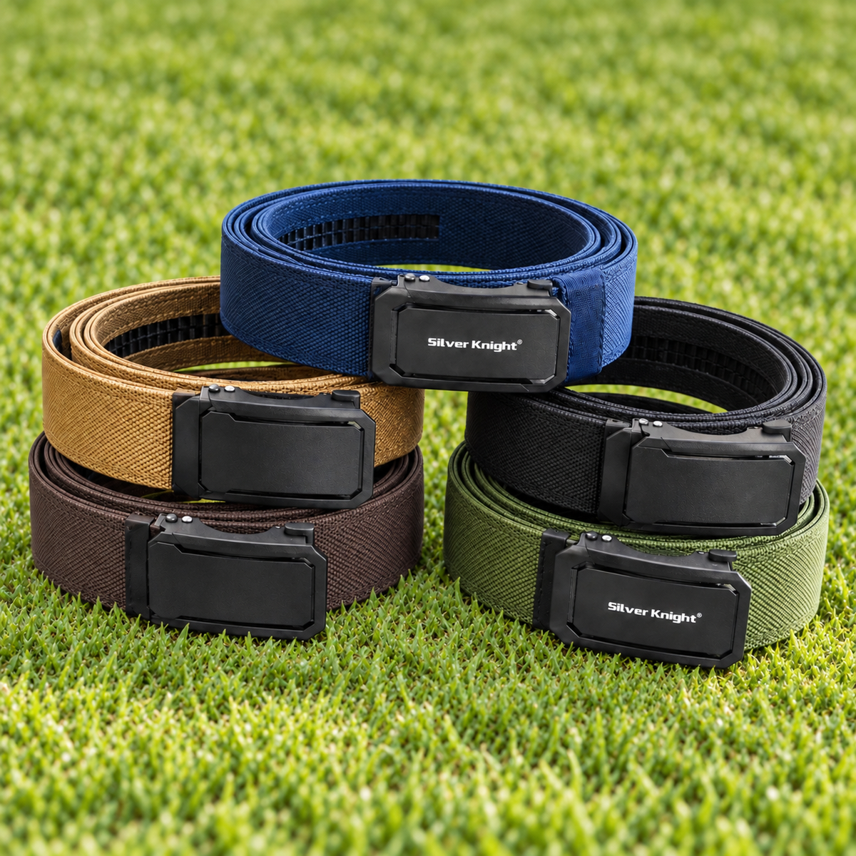 Four adjustable web belt dog collars in blue, tan, black, brown, and green, arranged in a pyramid on a green grass background. Each collar has a black quick-release buckle with the Silver Knights brand logo.