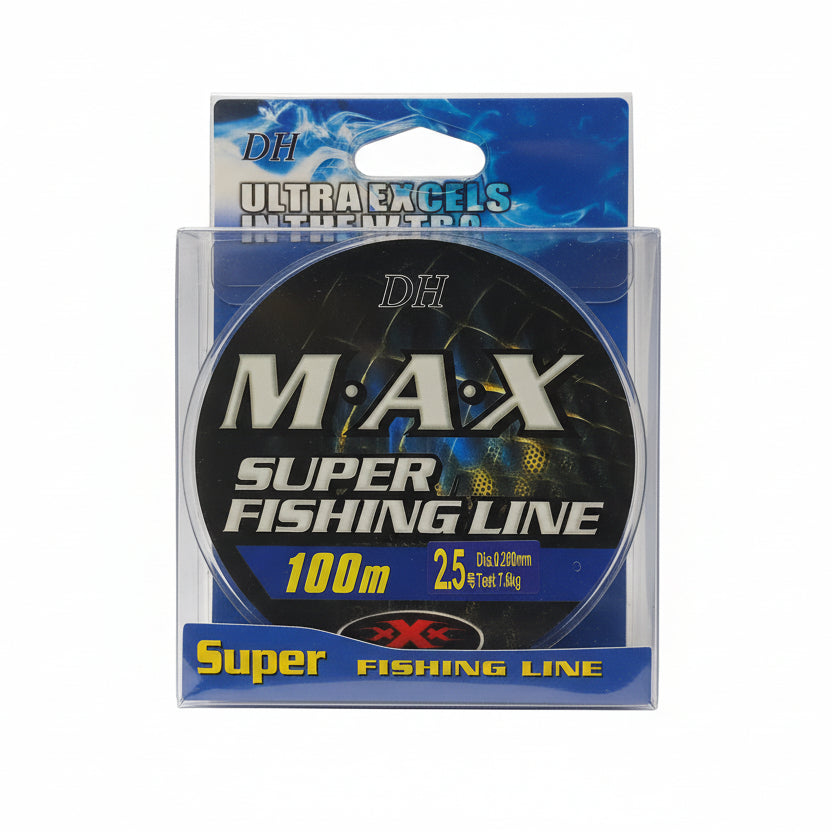 Packaged fishing line with 'DH M·A·X Super Fishing Line' branding on a gray background