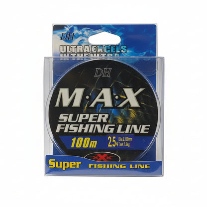 Packaged fishing line with 'DH M·A·X Super Fishing Line' branding on a gray background