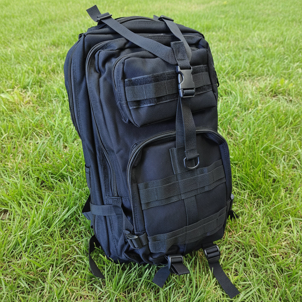 Black tactical backpack on a light gray surface with a wooden background