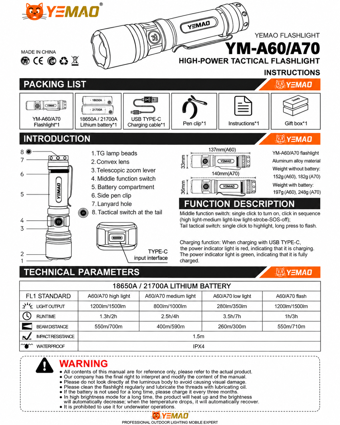 Led Flash light - A60 Yemao 1200 lm