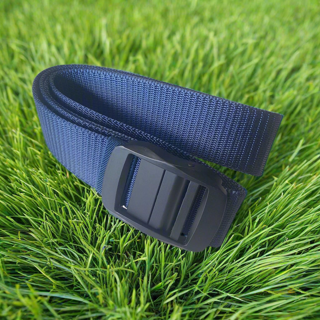 Blue belt with a black buckle on a white background
