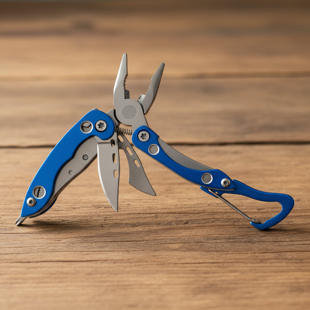 Multitool with blue handle and silver tools on a light gray background