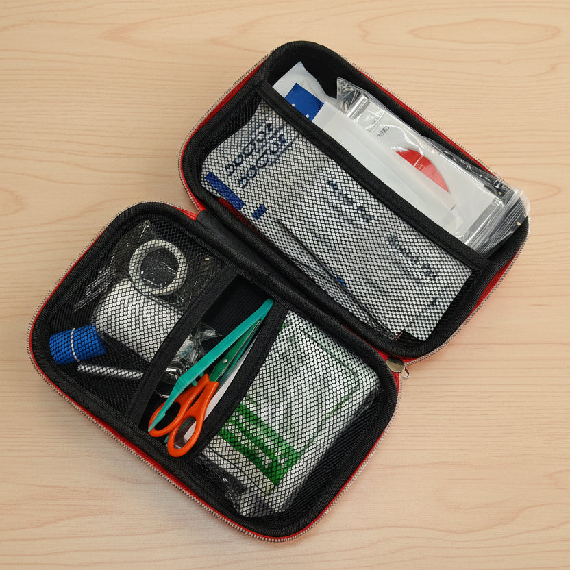 First aid kit with scissors, bandages, and other supplies on a white background