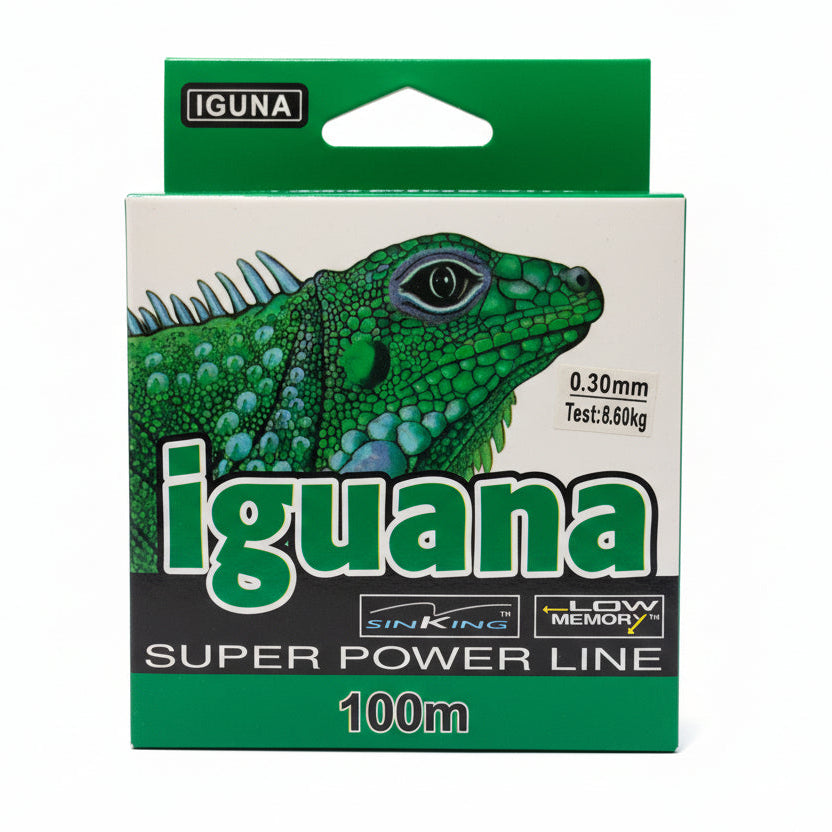 Iguana fishing line packaging with green and white design on a gray background