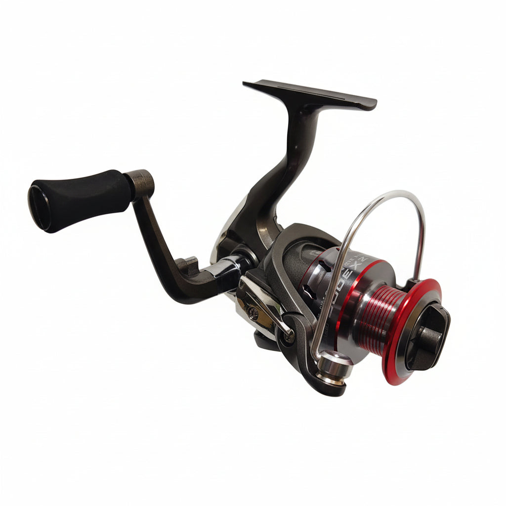 Fishing reel with black and red design on a white background