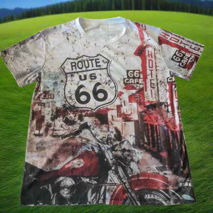 T-shirt with Route 66 design on a grassy background