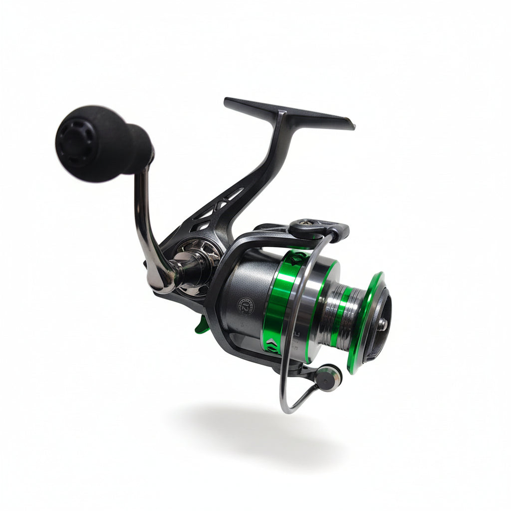 Fishing reel with green accents on a white background