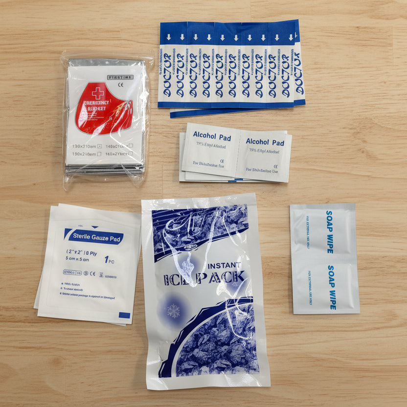 Collection of medical supplies including ice pack, alcohol pads, and soap wipes on a white background